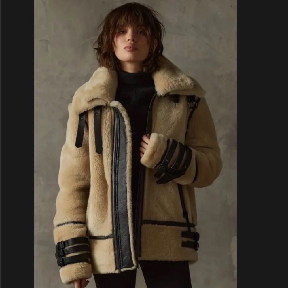 BODA SKINS Women's Beige Polar Shearling Aviator Jacket with Leather Trim